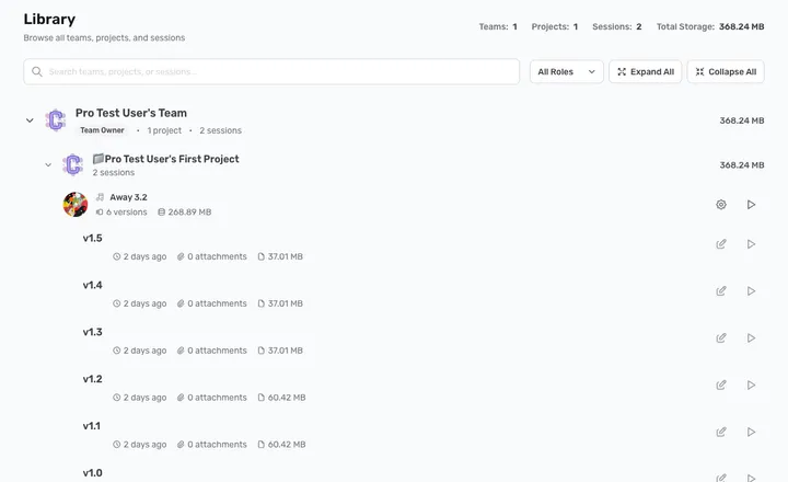 The Aliada Library showing teams, projects, sessions, and versions in an expandable tree