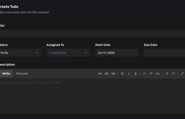 The Create Todo form with title, status, assignee, dates, and a Markdown description