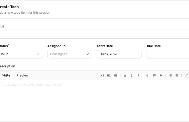 The Create Todo form with title, status, assignee, dates, and a Markdown description