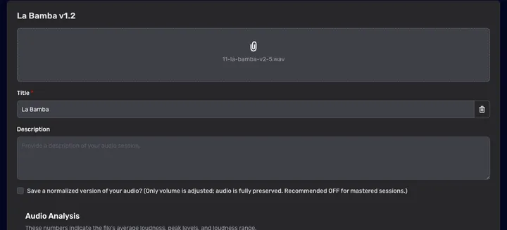The version edit form showing the title, description, and audio fields