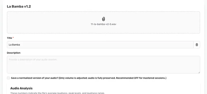 The version edit form showing the title, description, and audio fields